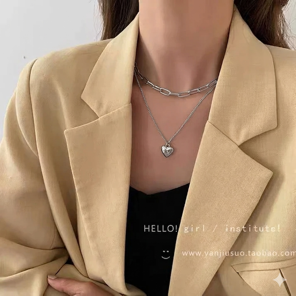 Double Layer Heart Necklace - Silver
